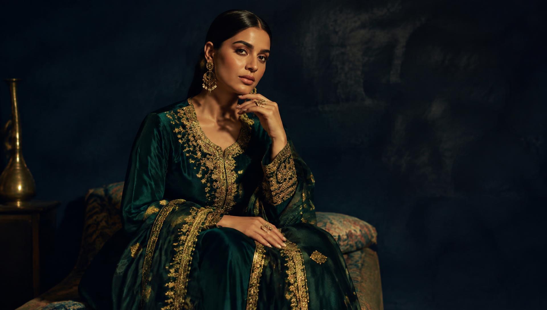 Model in emerald and gold embroidered suit